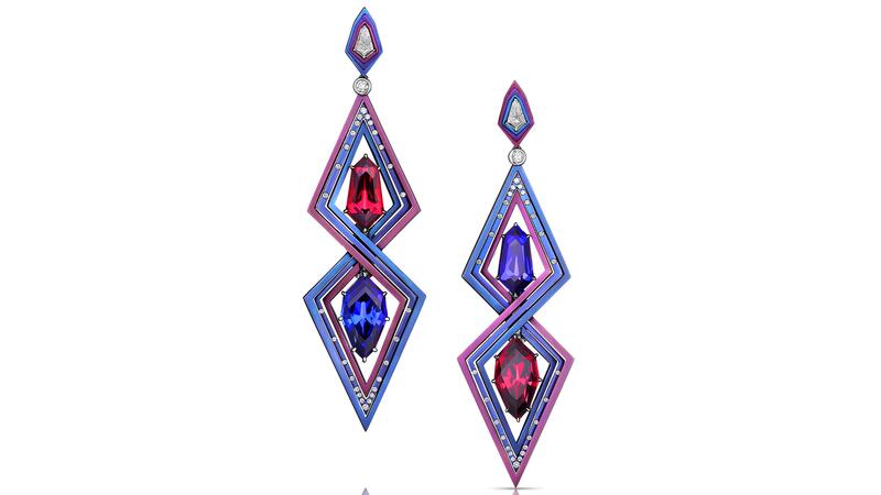 A pair of “Cromatica” earrings featuring purple and mauve titanium and 14-karat white gold with 23.02 carats of garnets and 20.66 carats of tanzanite at the center accented by diamonds Adam Neeley Dalí’s Garden Cromatica Zodiac Earrings